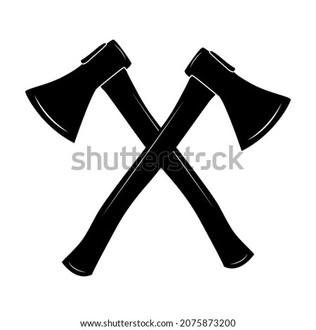 Crossed axes isolated on white background. Black hatchet silhouette. Lumberjack ax icon, symbol or logo. Two camping axes with wooden handles. Cartoon flat simple style sign. Stock vector illustration