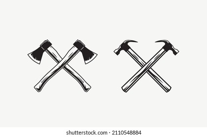 Logo de los ejes cruzados. Logo de los martillos cruzados. Ilustración vectorial de herramientas vintage texturadas 