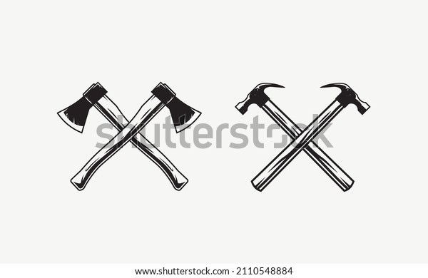 Crossed axes logo. Crossed hammers logo.\
Textured vintage tools vector illustration\
