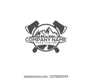 Crossed axes with mountains and fir trees logo design. Outdoor adventure badge vintage style.