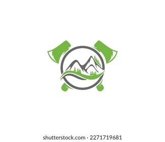 Crossed axes with mountains and fir trees logo design. Outdoor adventure badge vintage style.