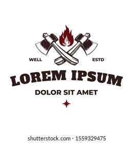 Crossed axes with red fire outdoor adventure logo design
