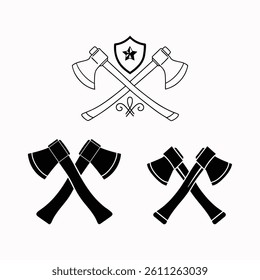  Crossed Axes Shield Icon – Simple Black and White Security Emblem, Minimalist Vector Design. Labor Day