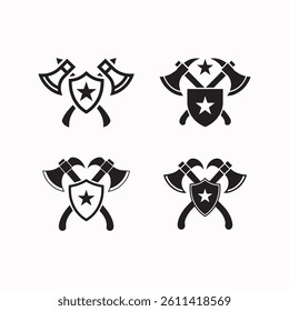 Crossed Axes Shield Icon – Simple Black and White Security Emblem, Minimalist Vector Design. September 2025 labor day.