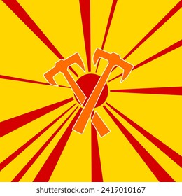Símbolo de ejes cruzados en un fondo de líneas radiales de explosión de flash rojo. El gran símbolo naranja se encuentra en el centro del sol, simbolizando la salida del sol. Ilustración del vector sobre fondo amarillo