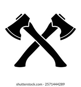 Crossed axes vector icon. Lumberjack or woodworking symbol. Black silhouette clipart isolated on white background.