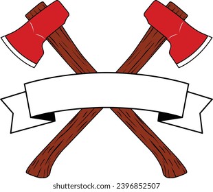 Crossed axes with white banner illustration. Firefighter emblem logo design