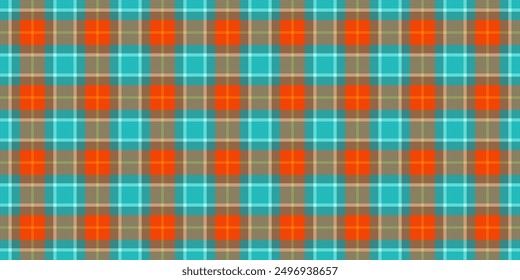 Tartán de textura de fondo cruzado, patrón de verificación de Imagen sin costuras. Tejido de Vector de tela de primavera a cuadros en paleta de colores verde azulado y naranja.