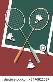 Crossed Badminton Rackets on the Court with Shuttlecocks. Vector Illustration Badminton Sport for Background, Poster and Flyer