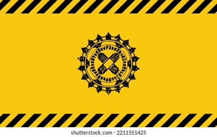 crossed bandage plaster icon black grunge emblem inside yellow warning sign. Vector Illustration. Detailed. 