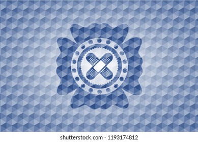 crossed bandage plaster icon inside blue emblem or badge with abstract geometric polygonal pattern background.