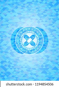 crossed bandage plaster icon inside sky blue emblem with triangle mosaic background