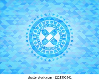 crossed bandage plaster icon inside sky blue emblem with triangle mosaic background