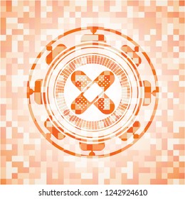 crossed bandage plaster icon inside abstract emblem, orange mosaic background