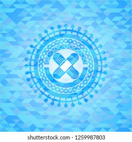 crossed bandage plaster icon inside sky blue emblem with mosaic ecological style background