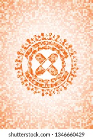 crossed bandage plaster icon inside orange tile background illustration. Square geometric mosaic seamless pattern with emblem inside.