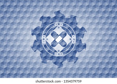 crossed bandage plaster icon inside blue polygonal emblem.