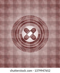 crossed bandage plaster icon inside red emblem or badge with abstract geometric polygonal pattern background. Seamless.