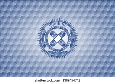 crossed bandage plaster icon inside blue polygonal emblem.