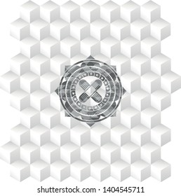 crossed bandage plaster icon inside grey emblem with geometric cube white background