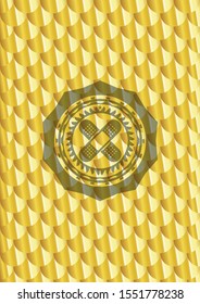 crossed bandage plaster icon inside gold emblem. Scales pattern. Vector Illustration. Detailed.