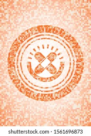 crossed bandage plaster icon inside orange tile background illustration. Square geometric mosaic seamless pattern with emblem inside.