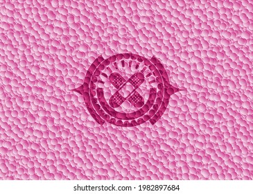 crossed bandage plaster icon inside realistic pink emblem with bubbles background. Vector Illustration. Detailed. 