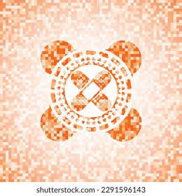 crossed bandage plaster icon inside orange mosaic emblem. 