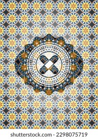 crossed bandage plaster icon inside arabic badge background. Arabesque decoration. 