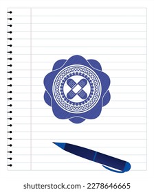 crossed bandage plaster icon with pen strokes. Blue ink. Vector Illustration. Detailed. 