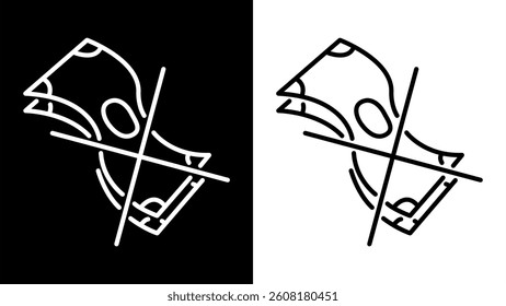 Crossed banknotes black and white image line. Non-cash or cashless concept image.