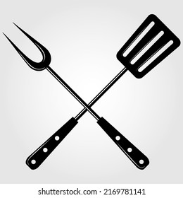 Crossed barbecue fork with spatula  isolated on white background. Vector illustration	