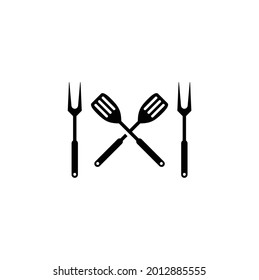Crossed Barbecue Spatula and Fork, Simple Silhouette BBQ Tools Logo Vector Illustration