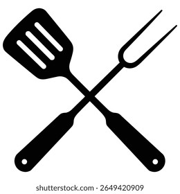 Crossed barbecue spatula and fork in a simple black silhouette