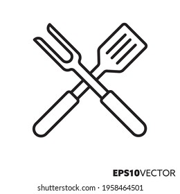 Crossed barbecue utensils line icon. Outline symbol of BBQ and grilling equipment. Spatual and fork flat vector illustration.