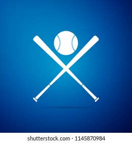 Crossed baseball bats and ball icon isolated on blue background. Flat design. Vector Illustration