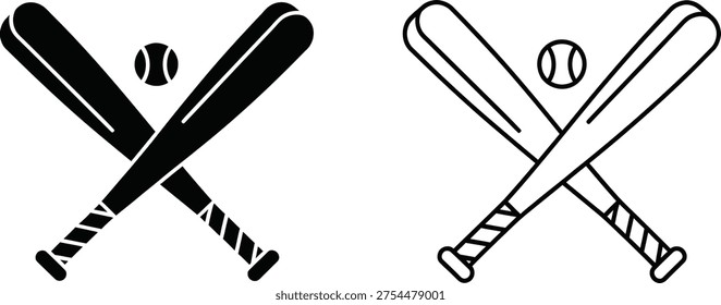 Bates de béisbol cruzados y juego de iconos de bola Vector