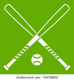 Crossed baseball bats and ball icon white isolated on green background. Vector illustration