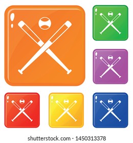 Crossed baseball bats and ball icons set collection vector 6 color isolated on white background