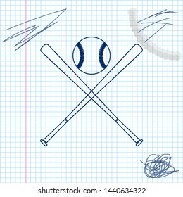 Crossed baseball bats and ball line sketch icon isolated on white background. Vector Illustration