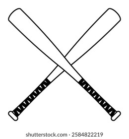 Crossed baseball bats vector icon. Sports equipment symbol. Black outline isolated on white background.