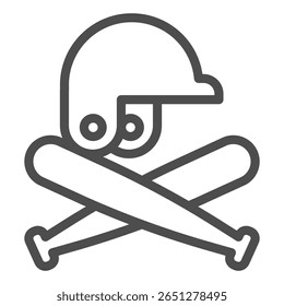 Morcegos cruzados com ícone de linha de capacete, conceito de jogo de beisebol. Gráficos vetoriais. Par de morcegos e chapéu de esporte, sinal de atributo no fundo branco, ícone de estilo de contorno para design móvel ou web