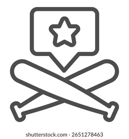 Crossed bats with star popup bubble line icon, baseball game concept. Vector graphics. Baseball famous match, promotion sign on white background, outline style icon for mobile or web design