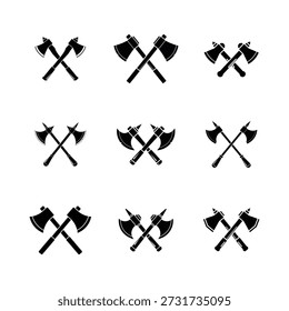 Crossed Battle Axe Icon Set in Schwarz Silhouette Vektor Illustration.