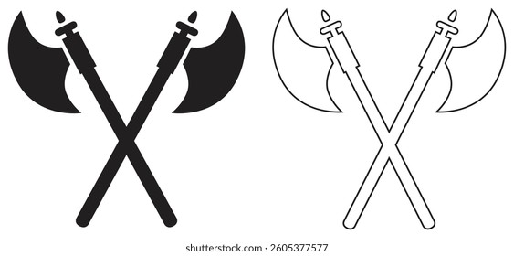 Crossed Battle Axe Vector Silhouette Set. Isolated On Transparent Background.