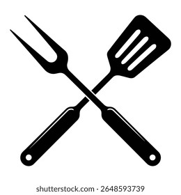 Espátula de churrasco cruzada e silhueta de utensílios de garfo para grelhar