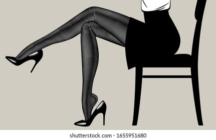 Crossed beautiful legs of a woman sitting on a chair in dark stockings and high heels in glossy black shoes. Fashion concept. Vintage engraving stylized drawing. Vector illustration