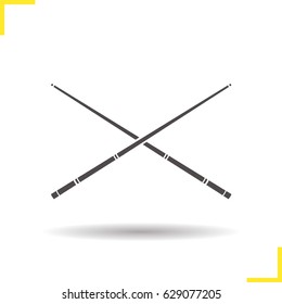 Crossed billiard cues glyph icon. Drop shadow silhouette symbol. Negative space. Vector isolated illustration