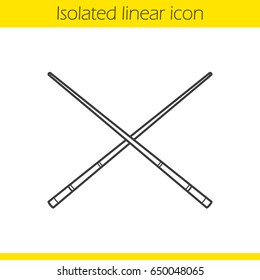 Crossed billiard cues linear icon. Thin line illustration. Contour symbol. Vector isolated outline drawing