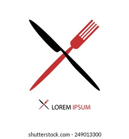 Crossed Black And Red Knife And Fork As Logo Of Cafe Or Restaurant